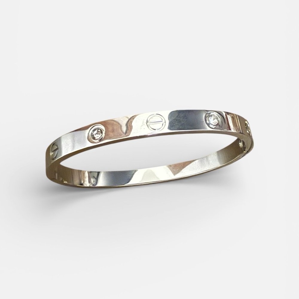 Love with CZ Silver Tone Stainless Steel Bangle Bracelet - Picture 2 of 3